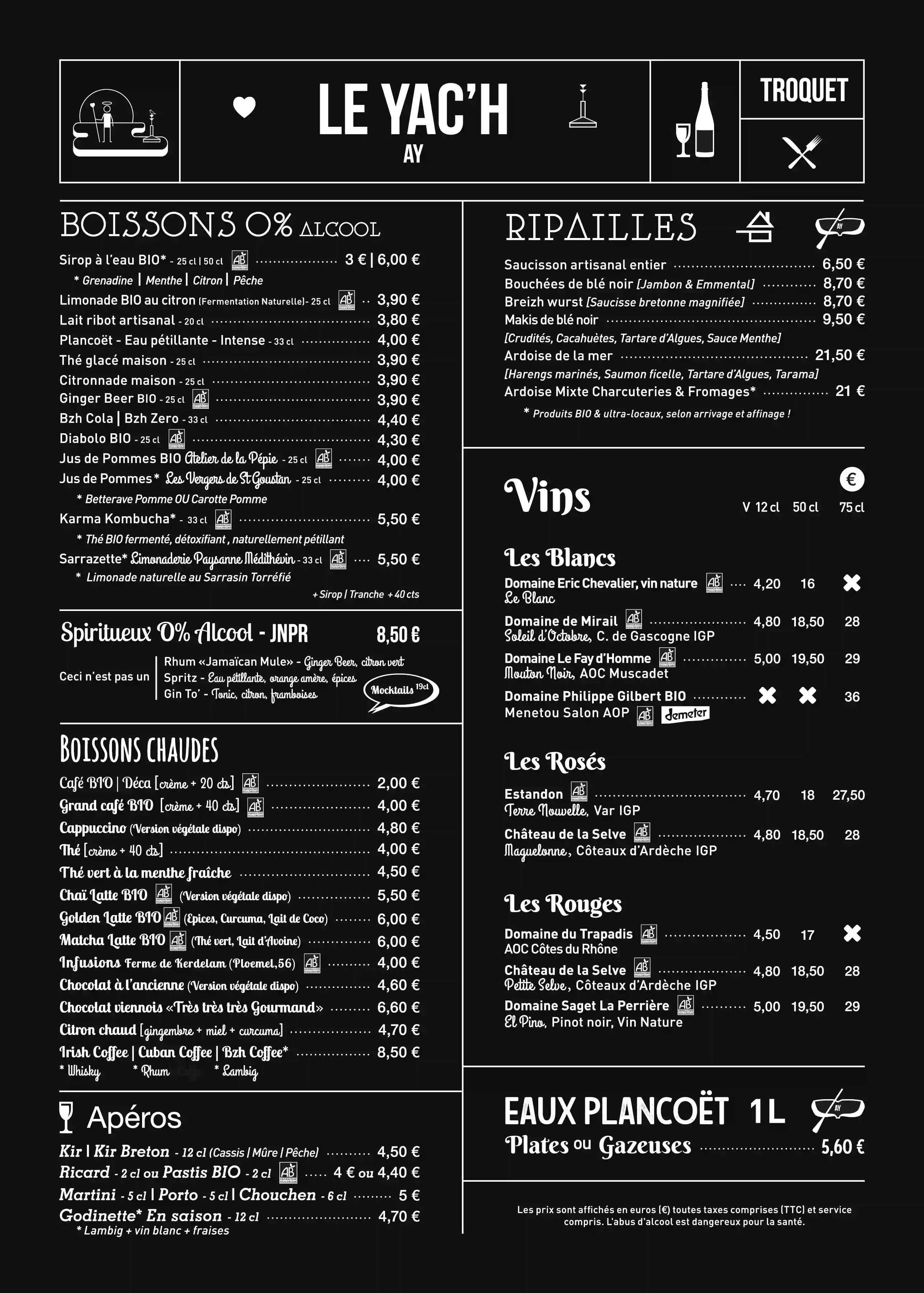 Carte des boissons et vins Le Yac'h - Page 1